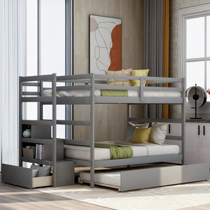 Homeroots Gray Full Over Full Contemporary Bunk Bed With Stairs  Manufactured Wood And Solid Wood 403946