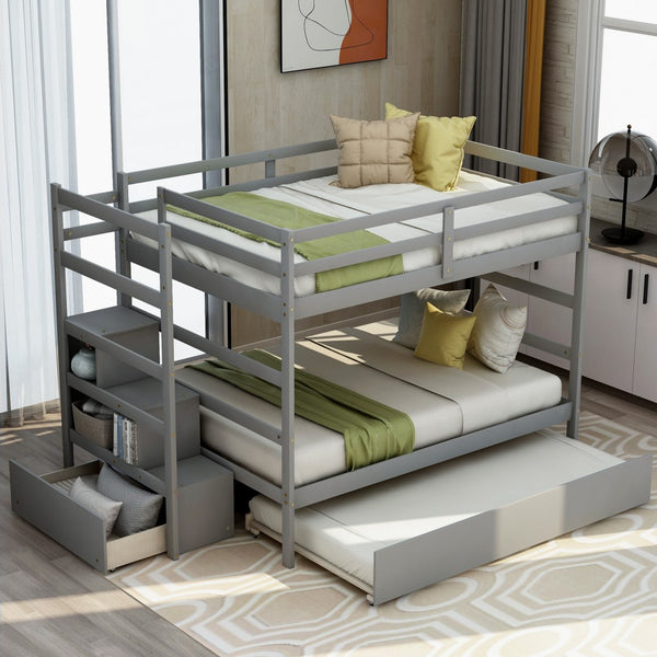 Homeroots Gray Full Over Full Contemporary Bunk Bed With Stairs  Manufactured Wood And Solid Wood 403946