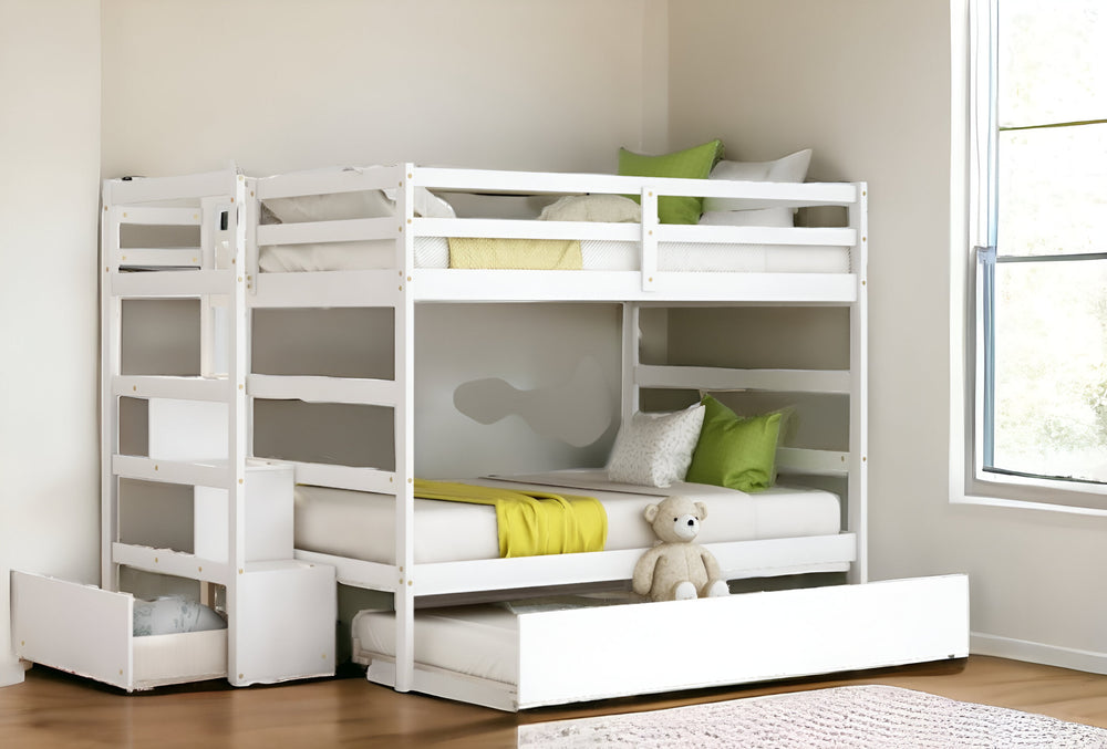 Homeroots White Full Over Full Contemporary Bunk Bed With Stairs  Manufactured Wood And Solid Wood 403947