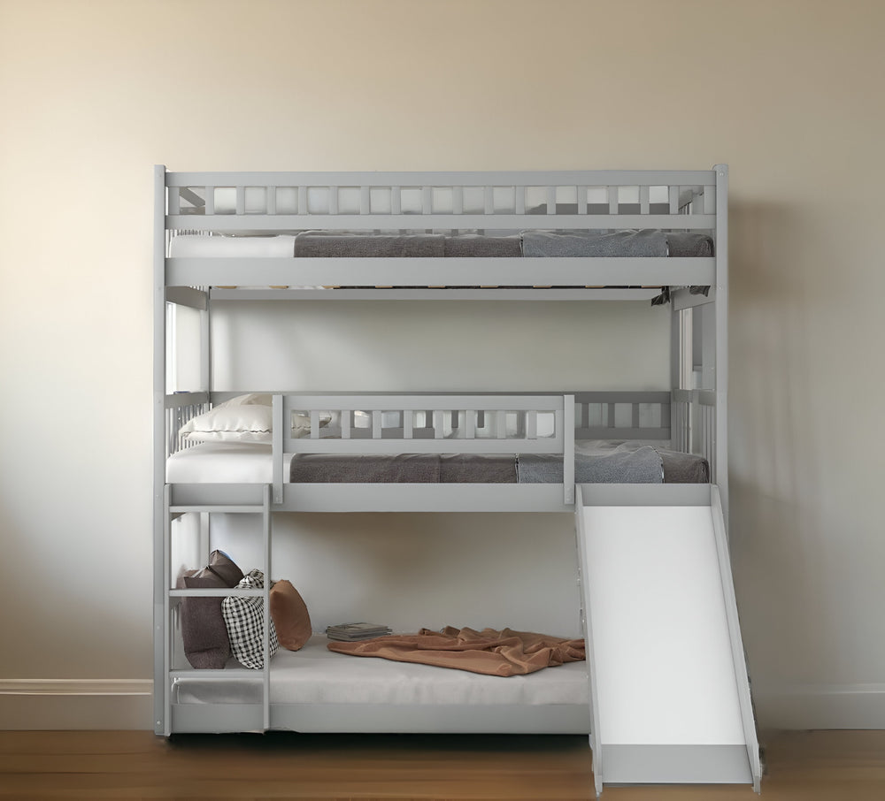 Homeroots Gray Full Over Full Over Full Contemporary Bunk Bed With Slide  Manufactured Wood And Solid Wood 403963