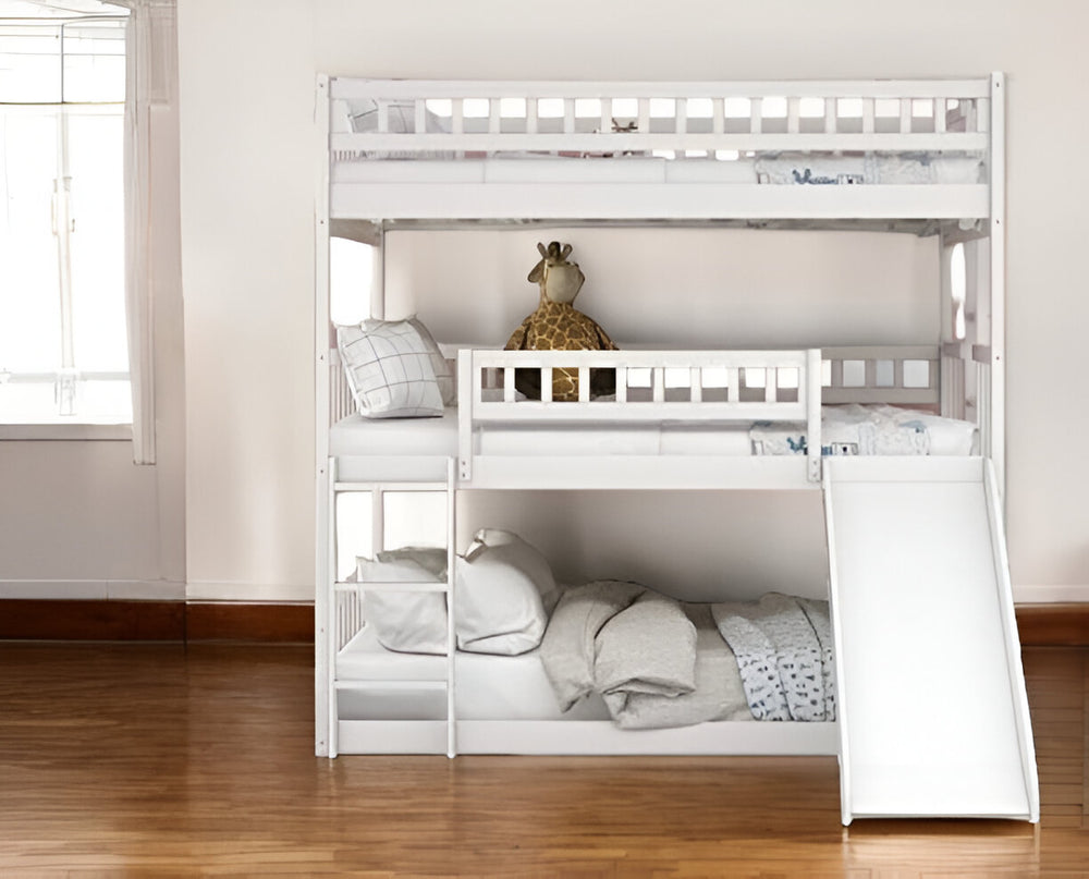 Homeroots White Full Over Full Over Full Contemporary Bunk Bed With Slide  Manufactured Wood And Solid Wood 403964