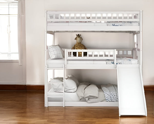 Homeroots White Full Over Full Over Full Contemporary Bunk Bed With Slide  Manufactured Wood And Solid Wood 403964