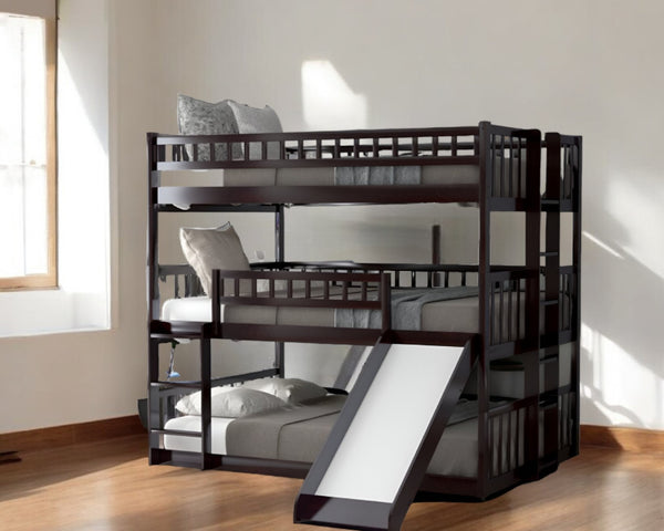 Homeroots Espresso Full Over Full Over Full Contemporary Bunk Bed With Slide  Manufactured Wood And Solid Wood 403965