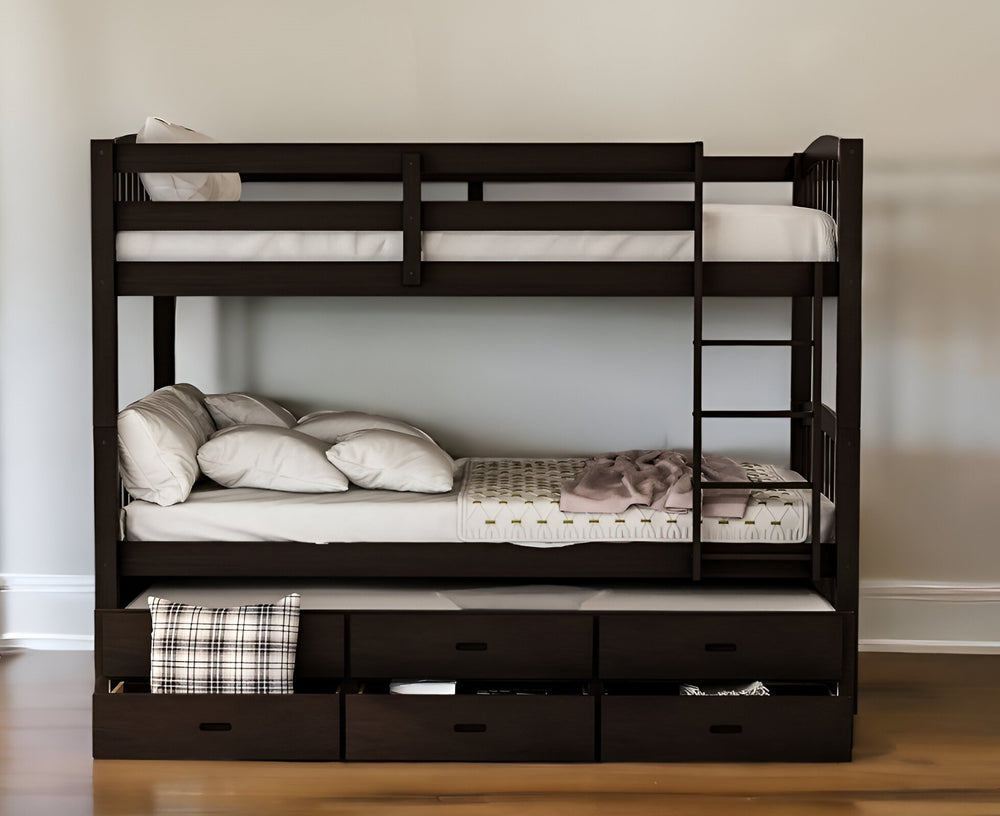Homeroots Twin Over Twin Wood Bunk Bed Trundle Drawers Espresso  Manufactured Wood And Solid Wood 403969