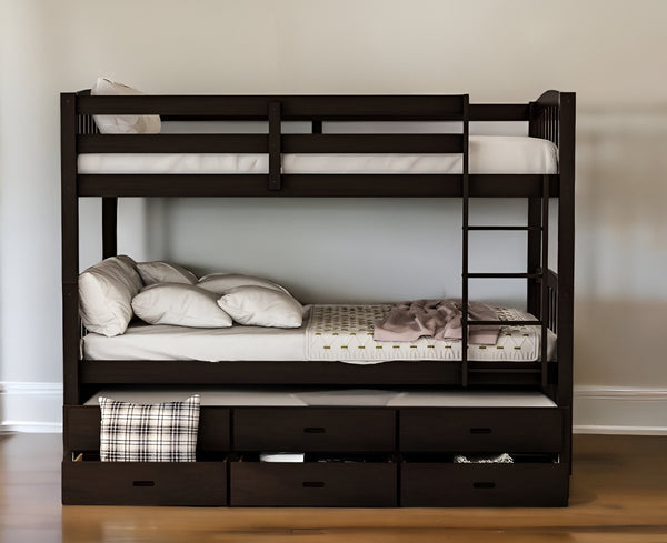 Homeroots Twin Over Twin Wood Bunk Bed Trundle Drawers Espresso  Manufactured Wood And Solid Wood 403969