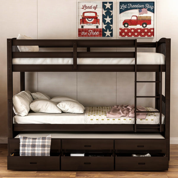 Homeroots Twin Over Twin Wood Bunk Bed Trundle Drawers Espresso  Manufactured Wood And Solid Wood 403969