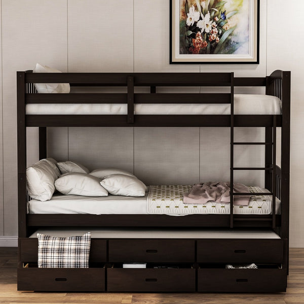 Homeroots Twin Over Twin Wood Bunk Bed Trundle Drawers Espresso  Manufactured Wood And Solid Wood 403969