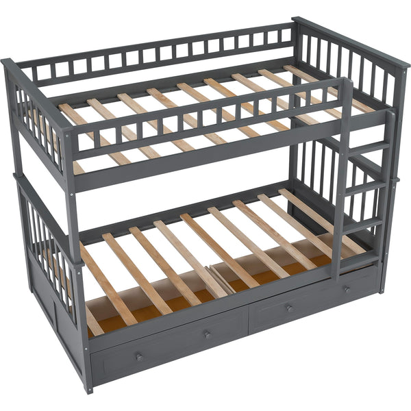 Homeroots Twin Over Twin Bunk Bed Drawers Convertible Beds Gray  Manufactured Wood And Solid Wood 403995