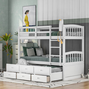 Homeroots White Twin Over Twin Bunk Bed With Trundle And Drawers  Manufactured Wood And Solid Wood 403998