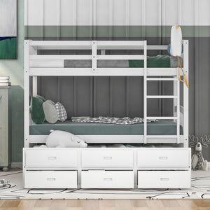 Homeroots White Twin Over Twin Bunk Bed With Trundle And Drawers  Manufactured Wood And Solid Wood 403998