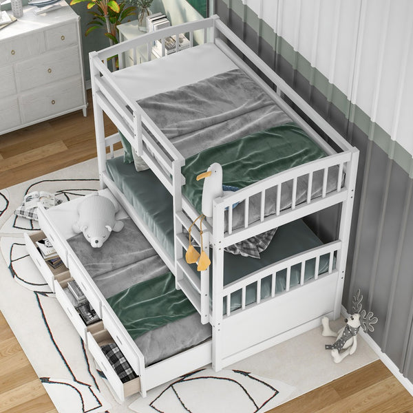 Homeroots White Twin Over Twin Bunk Bed With Trundle And Drawers  Manufactured Wood And Solid Wood 403998