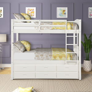 Homeroots White Twin Over Twin Bunk Bed With Trundle And Drawers  Manufactured Wood And Solid Wood 403998