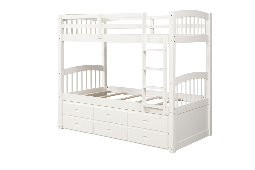 Homeroots White Twin Over Twin Bunk Bed With Trundle And Drawers  Manufactured Wood And Solid Wood 403998