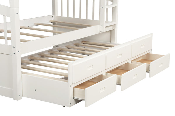 Homeroots White Twin Over Twin Bunk Bed With Trundle And Drawers  Manufactured Wood And Solid Wood 403998