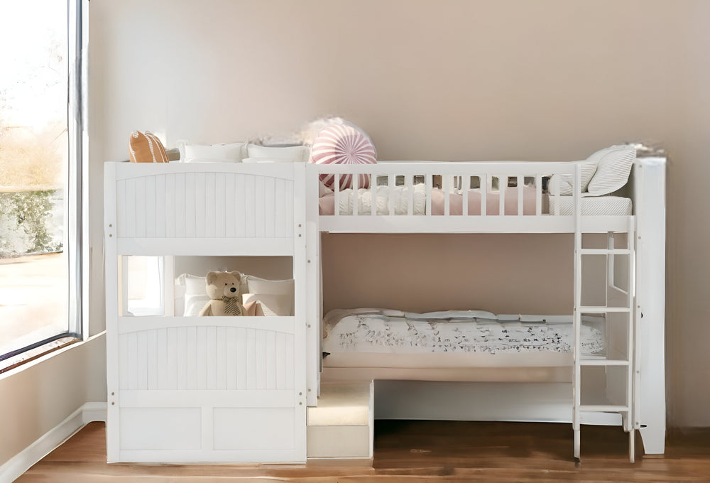 Homeroots White Twin Size Bunk Bed With Attached Loft Bed And Drawers  Manufactured Wood And Solid Wood 403999