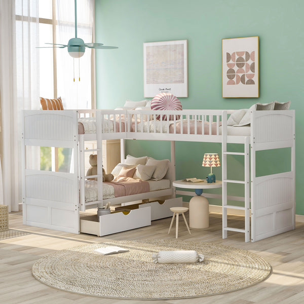 Homeroots White Twin Size Bunk Bed With Attached Loft Bed And Drawers  Manufactured Wood And Solid Wood 403999