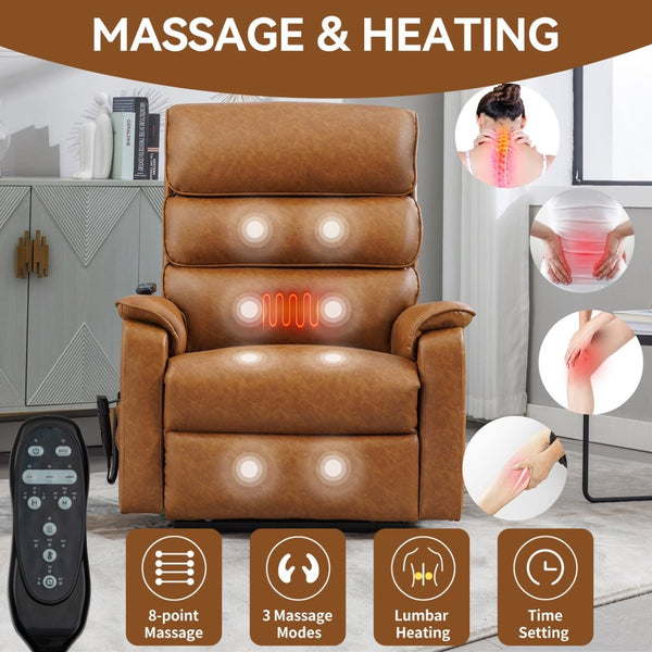 English Elm Dual Motor Power Lift Recliner with Massage Heat and 180 Degree Brown Lounge Chair Yellow Brown W1803S00061