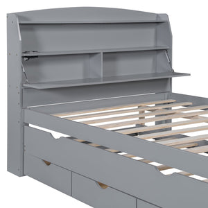 English Elm Full Size Wooden Led Platform Bed With Trundle, Storage Headboard & Usb Charging – Gray Finish N820S10009E