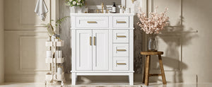 English Elm 30" Bathroom Vanity with Ceramic Sink and Deep Storage, Soft-Close Doors, Gold Handles, Durable Wood Frame White N729P276610K