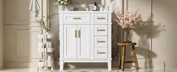 English Elm 30" Bathroom Vanity with Ceramic Sink and Deep Storage, Soft-Close Doors, Gold Handles, Durable Wood Frame White N729P276610K