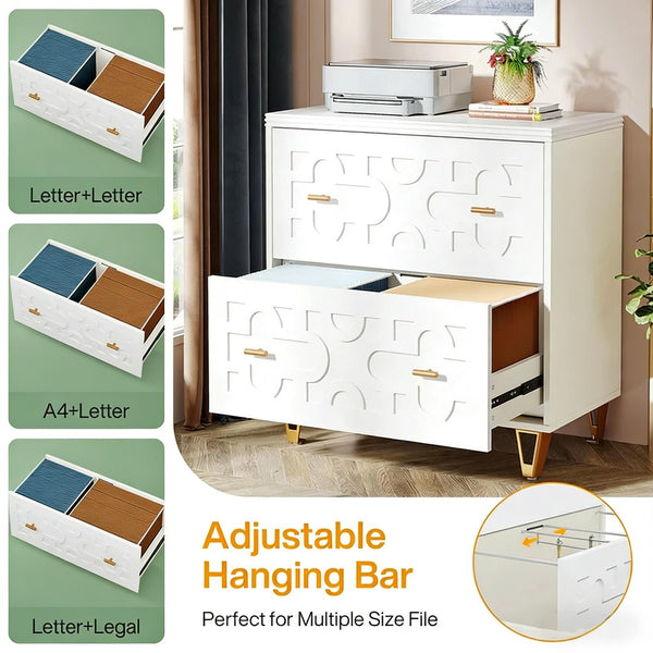 English Elm Multi-functional Nordic Filing Cabinet White Two Drawer Gold Handle Home Office Storage T3971P449298