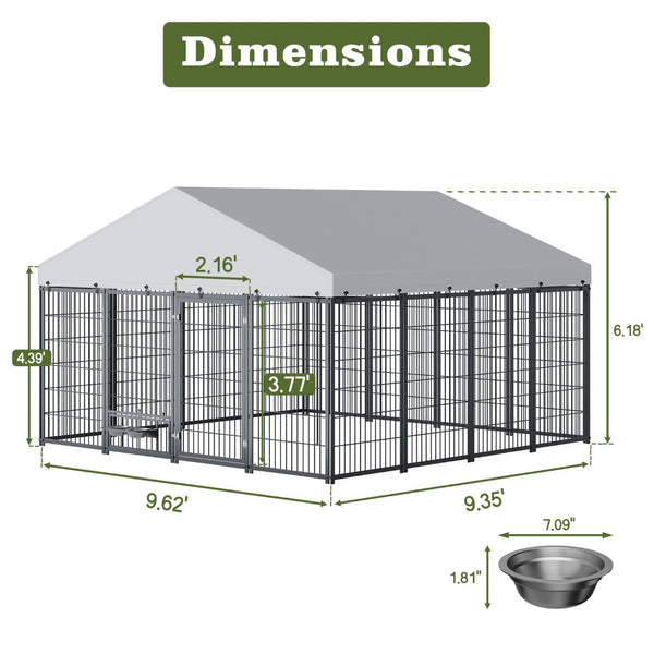 English Elm Large Heavy Duty Metal Dog Kennel Outdoor Run with Waterproof Roof and Secure Panel Frame W1820P318708