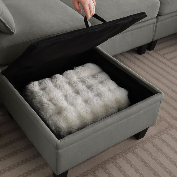 English Elm 102 Inch Linen Modular Sectional Sofa with Hidden Storage and Cloud Cushion Comfort Dark Grey W1099S00213