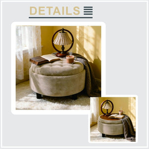 English Elm 25 Inch Round Fabric Pouf Ottoman with Removable Wooden Lid and Hidden Interior Storage Camel W5568P461369