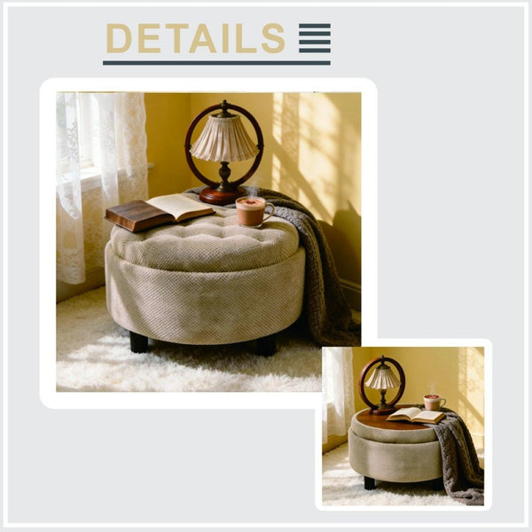 English Elm 25 Inch Round Fabric Pouf Ottoman with Removable Wooden Lid and Hidden Interior Storage Camel W5568P461369