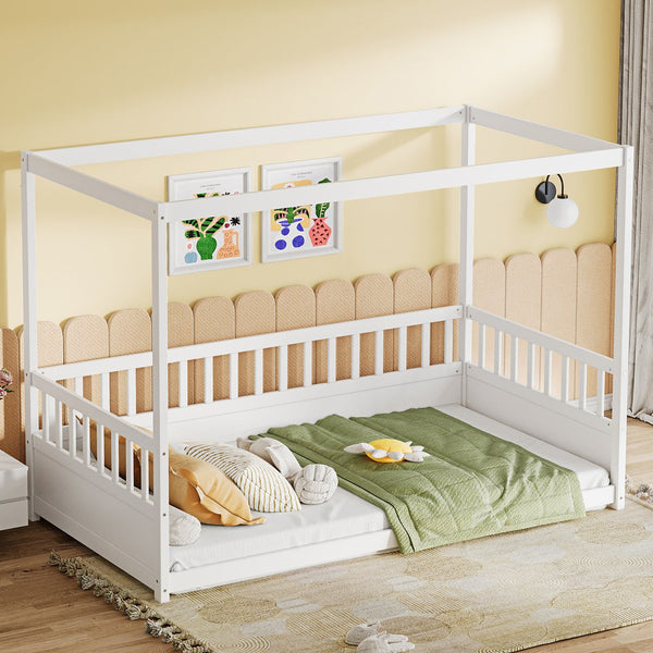 English Elm Twin Pine Canopy Bed Frame with Guardrails for Kids – Montessori Floor Bed with Four Poster Design and Cozy Decor Options White W1858P252838