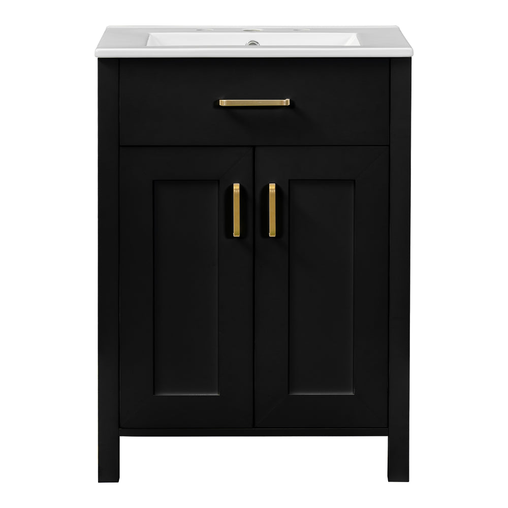 English Elm 24"Bathroom Luxurious Space-Saving Vanity with Ceramic Sink, Solid Wood Frame, Soft-Close Doors and Storage Black N729P183716B