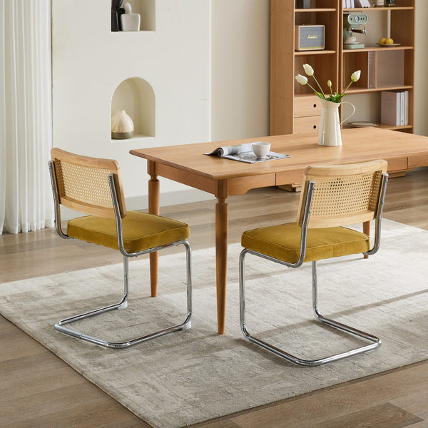 English Elm Mid Velvet Mid Century Dining Chair with Rattan Back, Solid Wood Frame, Plush Velvet, 360lb Capacity Gold W1143P168323