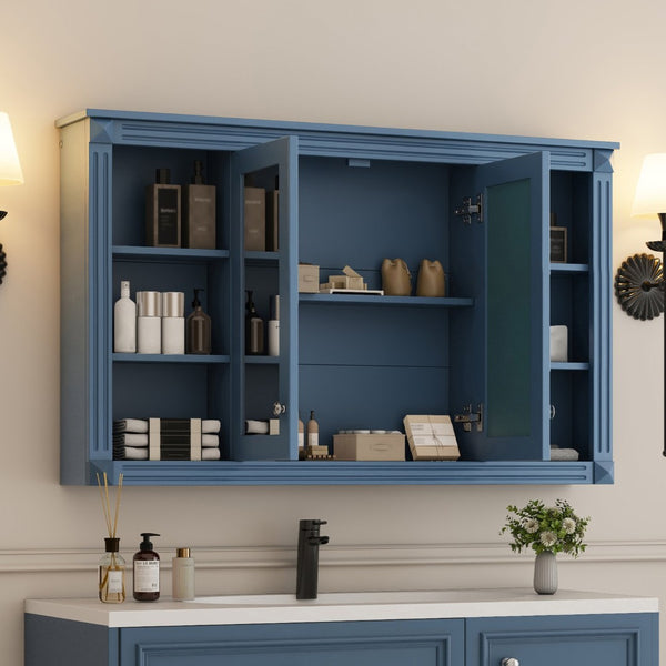 English Elm 47 Inch Wall Mounted Medicine Cabinet with Mirror Open Shelving and Adjustable Storage N710P363550C