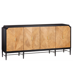 Kallista Taupe Credenza - Modern Sycamore Veneer Chest with Soft-Close Doors & Polished Brass Hardware