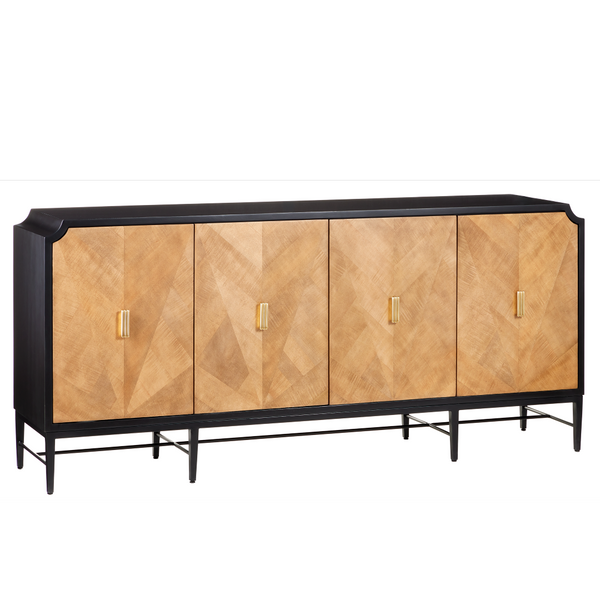 Kallista Taupe Credenza - Modern Sycamore Veneer Chest with Soft-Close Doors & Polished Brass Hardware