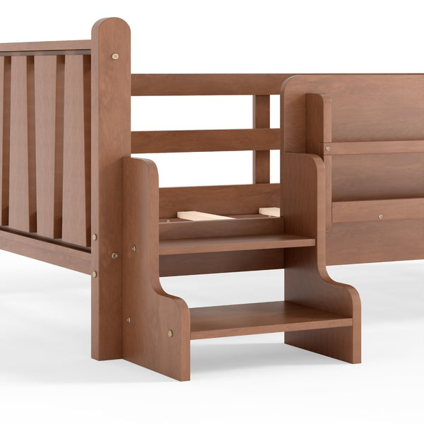English Elm Twin Pine Floor Bed for Kids with Side Bookcases Built-in Stairs and Safety Guardrails Natural W1580P390215