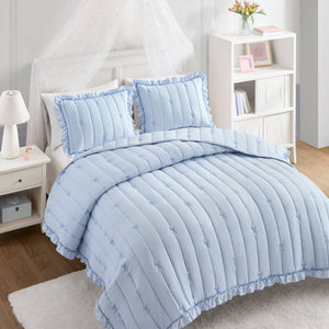 English Elm 3-piece Reversible Microfiber Quilt Set Bow Embroidery Ruffled Trim Romantic Bedroom Blue B035P482883