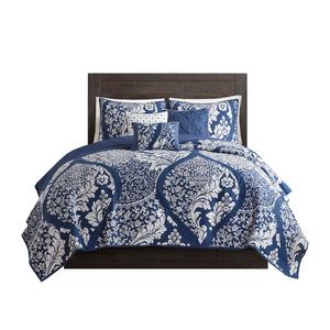 English Elm 6 Madison Park Vienna Reversible Cotton Quilt Set with Damask Print, Flange Edge & Embroidered Pillows Indigo 23.23 L x 18.5 W x 11.81 H B03597520