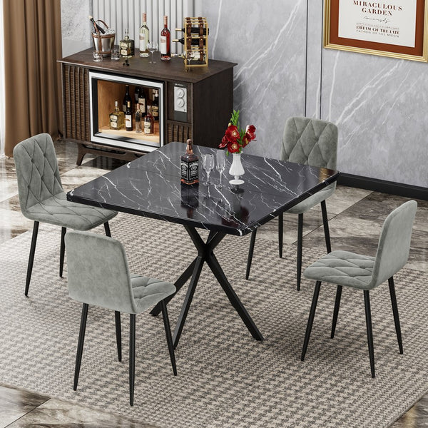 English Elm Square MDF Dining Set for 4 with Faux Marble Top, Mid-Century Modern Iron Legs, Easy-Clean Surface Black+Grey W578S00026