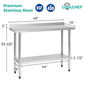 English Elm 18" X 48" Stainless Steel Heavy Duty Prep Table with Backsplash and Storage Shelf W3629P365461