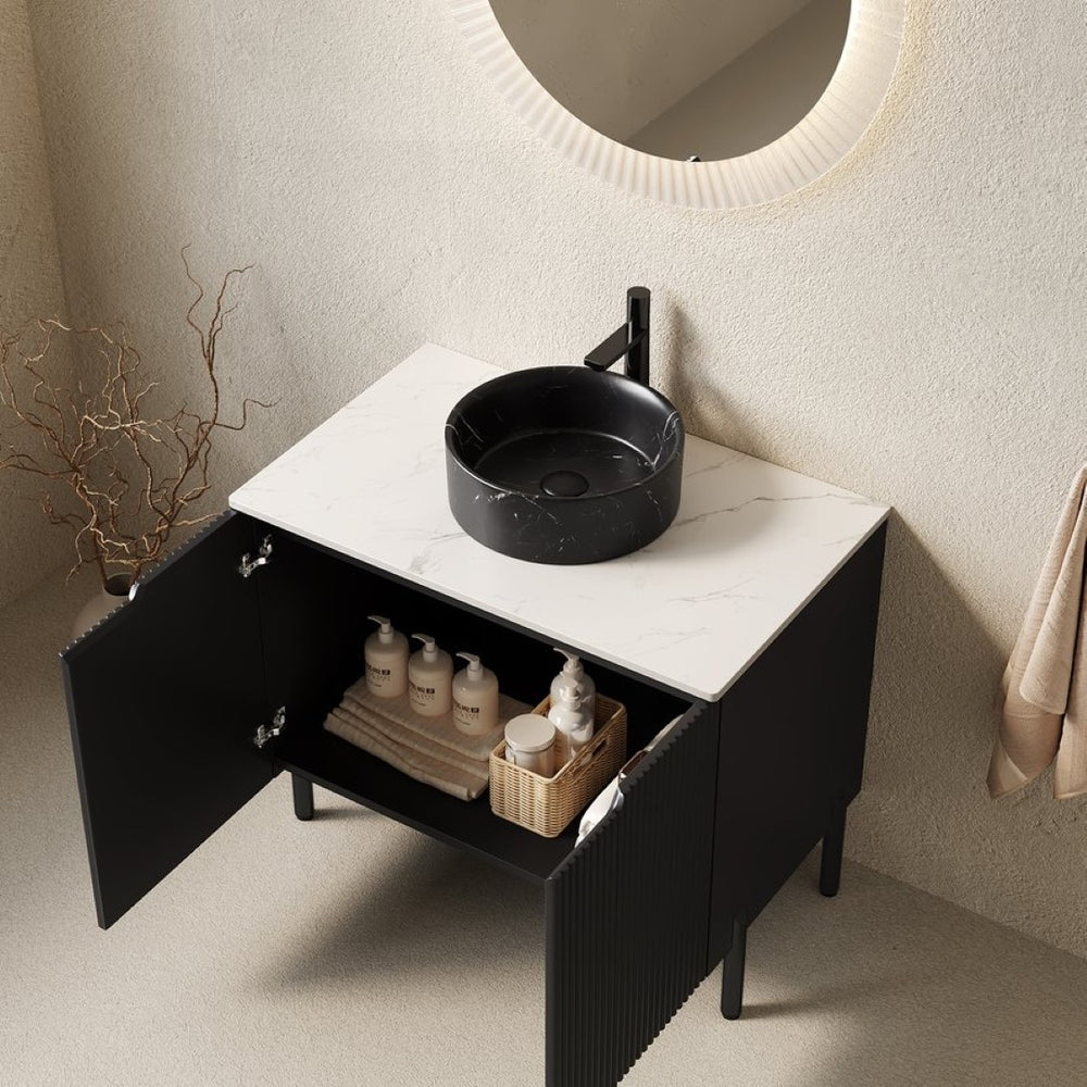 English Elm Turio Freestanding Bathroom Vanity Plywood Cabinet Sintered Stone Top Glass Basin W2615S00556