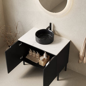 English Elm Turio Freestanding Bathroom Vanity Plywood Cabinet Sintered Stone Top Glass Basin W2615S00556
