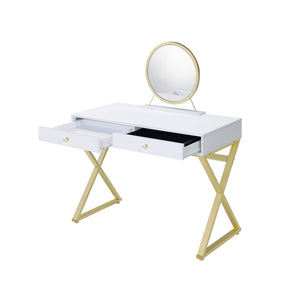 English Elm Coleen Elegant Walnut Vanity Desk with Mirror, Metal Frame, 2 Drawers & Jewelry Tray for Glam Makeup Gloss White,Gold 48.8 L x 23.25 W x 8 H B2726P315740