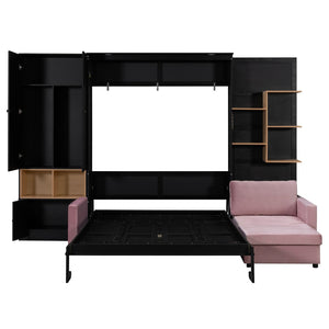 English Elm Queen Murphy Wall Bed with Velvet Sofa Built in Shelves Cabinets and Reading Lights Black LP000393AAB