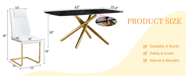 English Elm Table and Chair Set Marble Tempered Glass Top Gold Sculptural Legs Four Pu Seats Black+Gold,White W1151S03294