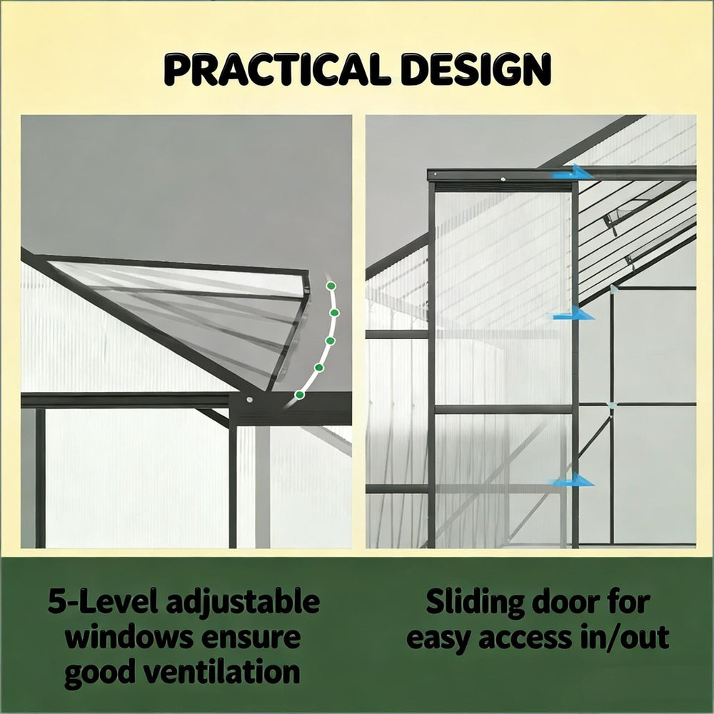 English Elm Practical Walk-in Greenhouse with Aluminum Frame and Uv Polycarbonate Panels for Gardens T3971S00165