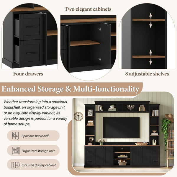 English Elm Unique Low Profile Media Console with Led Lighting Glass Shelves Fits Tvs to 105 Black N721S000077B