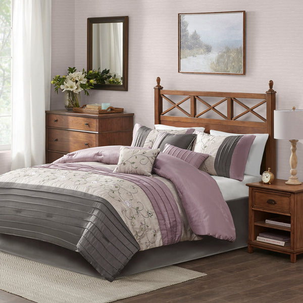English Elm Embroidered 7-Piece Comforter Set For King Beds - Elegant Purple & Charcoal Floral Design, Luxurious Feel B03596942