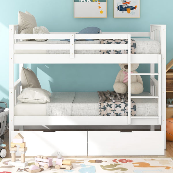 Homeroots White Double Twin Size Ladder Bunk Bed With Drawers  Manufactured Wood And Solid Wood 404008