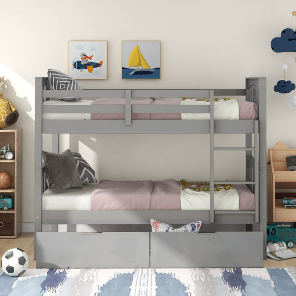 Homeroots Gray  Double Twin Size Ladder Bunk Bed With Drawers  Manufactured Wood And Solid Wood 404009